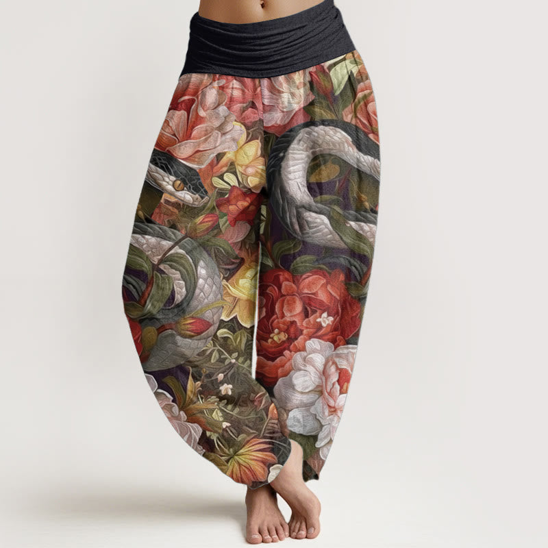Pantaloni harem da donna con elastico in vita, in puro cotone, con motivo a foglie e fiori di peonia e serpente, motivo Buddha Stones - Nero - US22, UK/AU26, EU54 (6XL) - image 0