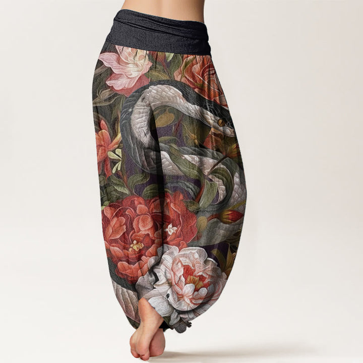 Pantaloni harem da donna con elastico in vita, in puro cotone, con motivo a foglie e fiori di peonia e serpente, motivo Buddha Stones