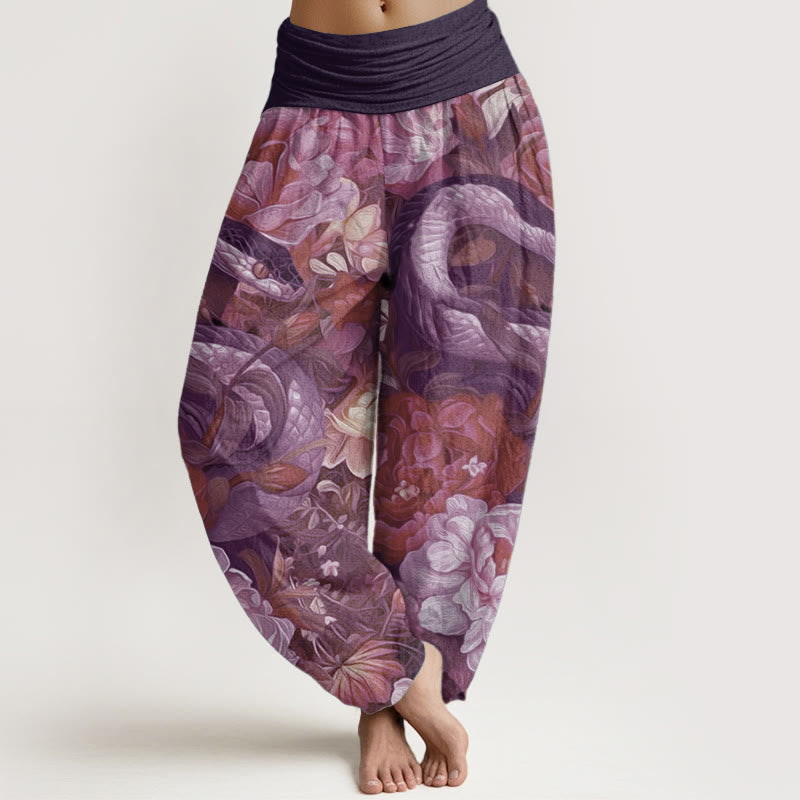 Pantaloni harem da donna con elastico in vita, in puro cotone, con motivo a foglie e fiori di peonia e serpente, motivo Buddha Stones