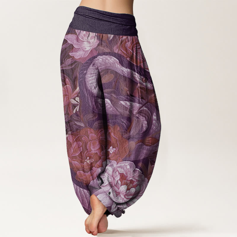 Pantaloni harem da donna con elastico in vita, in puro cotone, con motivo a foglie e fiori di peonia e serpente, motivo Buddha Stones