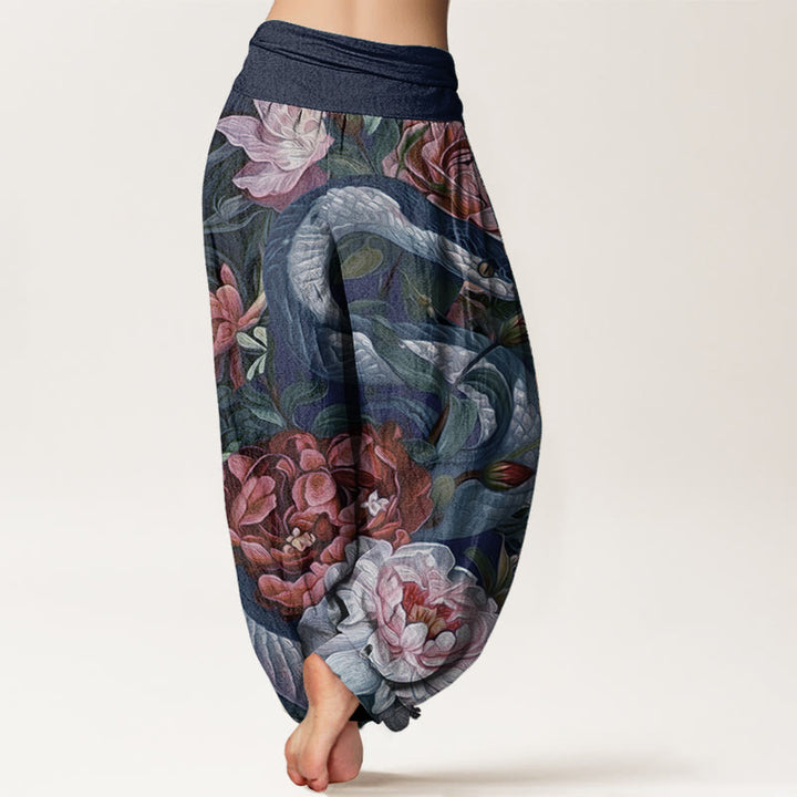 Pantaloni harem da donna con elastico in vita, in puro cotone, con motivo a foglie e fiori di peonia e serpente, motivo Buddha Stones