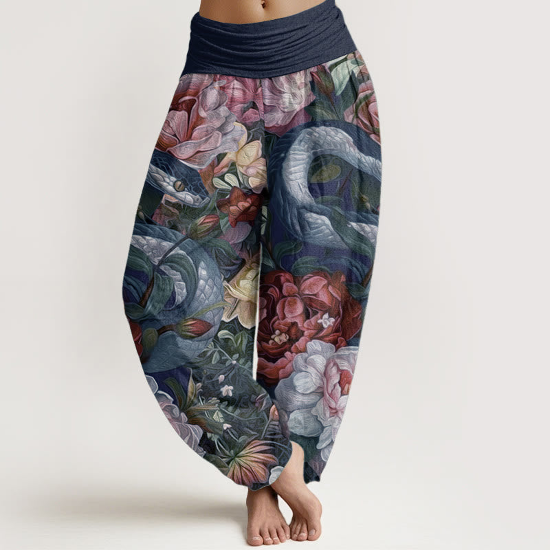 Pantaloni harem da donna con elastico in vita, in puro cotone, con motivo a foglie e fiori di peonia e serpente, motivo Buddha Stones