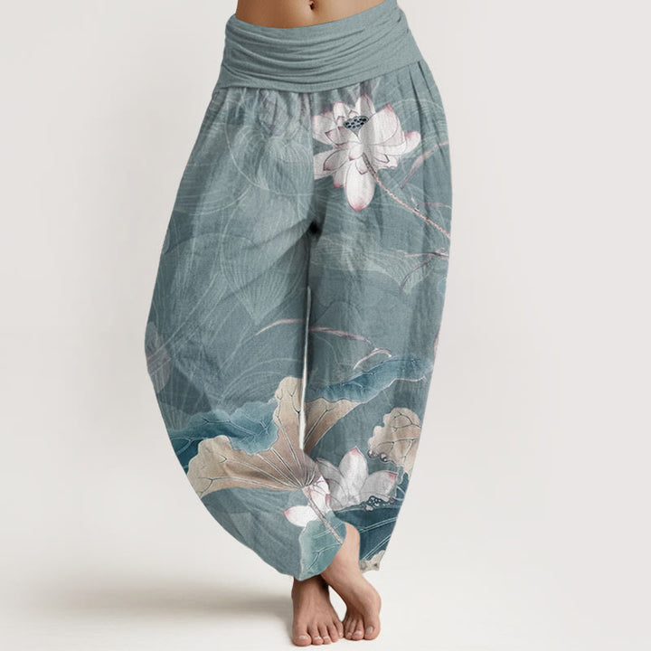 Pantaloni harem da donna con elastico in vita, in puro cotone, con motivo a fiori di loto e foglie, motivo Buddha Stones