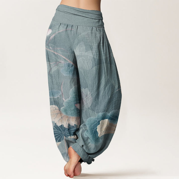 Pantaloni harem da donna con elastico in vita, in puro cotone, con motivo a fiori di loto e foglie, motivo Buddha Stones