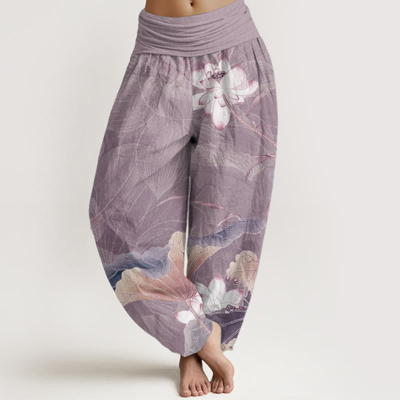 Pantaloni harem da donna con elastico in vita, in puro cotone, con motivo a fiori di loto e foglie, motivo Buddha Stones