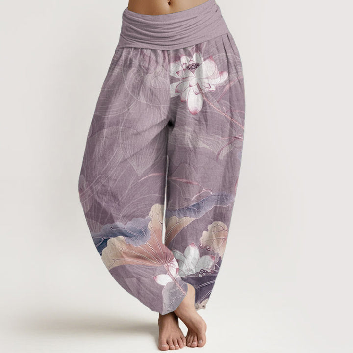 Pantaloni harem da donna con elastico in vita, in puro cotone, con motivo a fiori di loto e foglie, motivo Buddha Stones