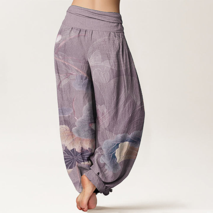 Pantaloni harem da donna con elastico in vita, in puro cotone, con motivo a fiori di loto e foglie, motivo Buddha Stones