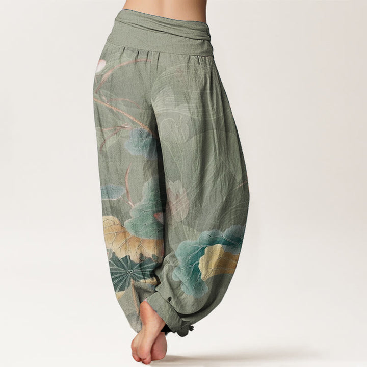 Pantaloni harem da donna con elastico in vita, in puro cotone, con motivo a fiori di loto e foglie, motivo Buddha Stones