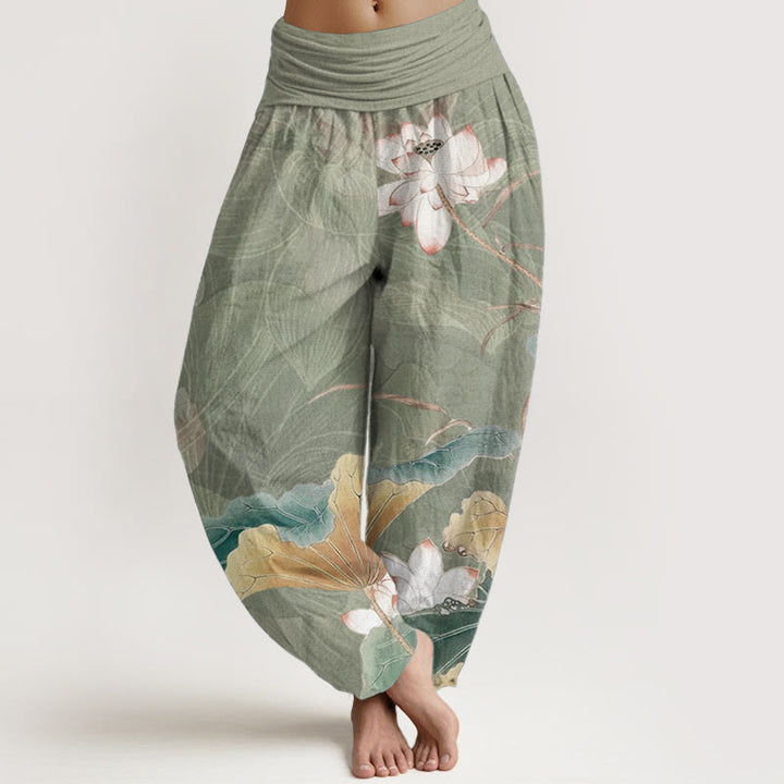 Pantaloni harem da donna con elastico in vita, in puro cotone, con motivo a fiori di loto e foglie, motivo Buddha Stones