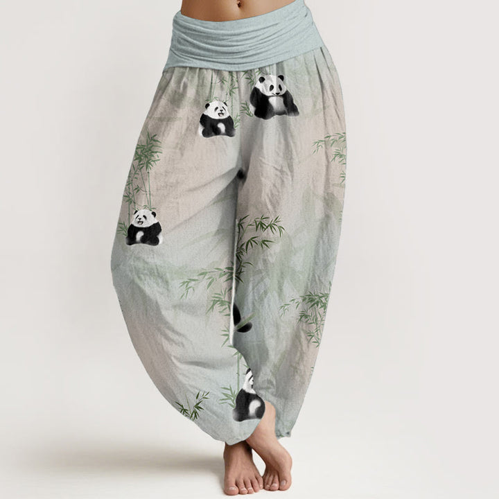 Pantaloni harem da donna con elastico in vita, in puro cotone e motivo panda e bambù, modello Buddha Stones