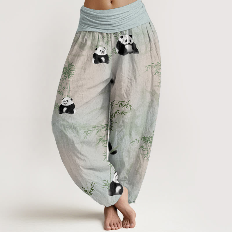 Pantaloni harem da donna con elastico in vita, in puro cotone e motivo panda e bambù, modello Buddha Stones - Acquamarina - US22, UK/AU26, EU54 (6XL) - image 0
