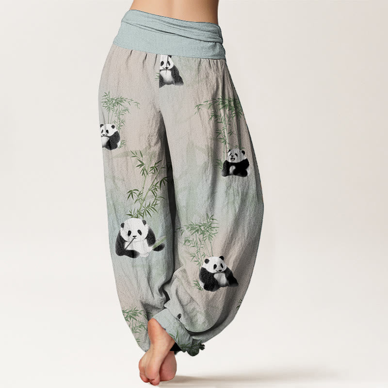 Pantaloni harem da donna con elastico in vita, in puro cotone e motivo panda e bambù, modello Buddha Stones