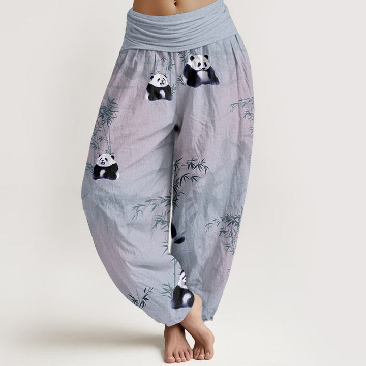 Pantaloni harem da donna con elastico in vita, in puro cotone e motivo panda e bambù, modello Buddha Stones