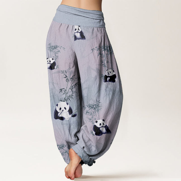 Pantaloni harem da donna con elastico in vita, in puro cotone e motivo panda e bambù, modello Buddha Stones