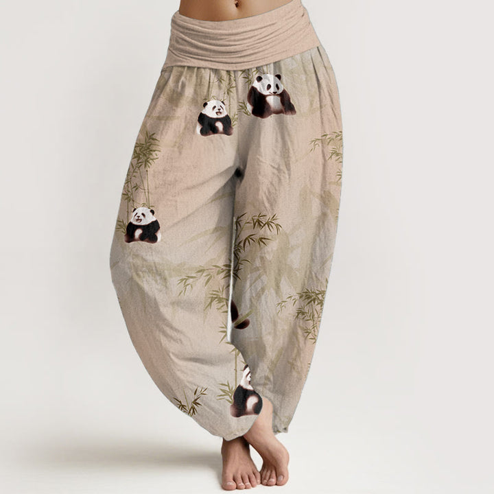 Pantaloni harem da donna con elastico in vita, in puro cotone e motivo panda e bambù, modello Buddha Stones