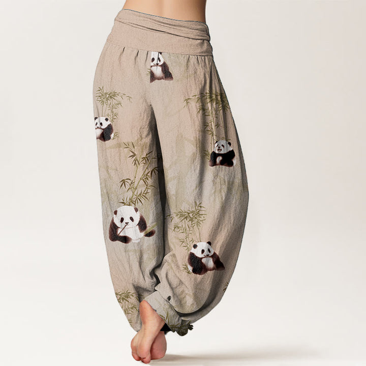 Pantaloni harem da donna con elastico in vita, in puro cotone e motivo panda e bambù, modello Buddha Stones