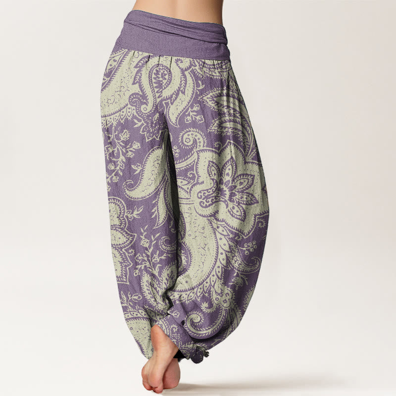 Pantaloni harem da donna con elastico in vita, in puro cotone, con fiori e motivi Paisley, motivo Buddha Stones