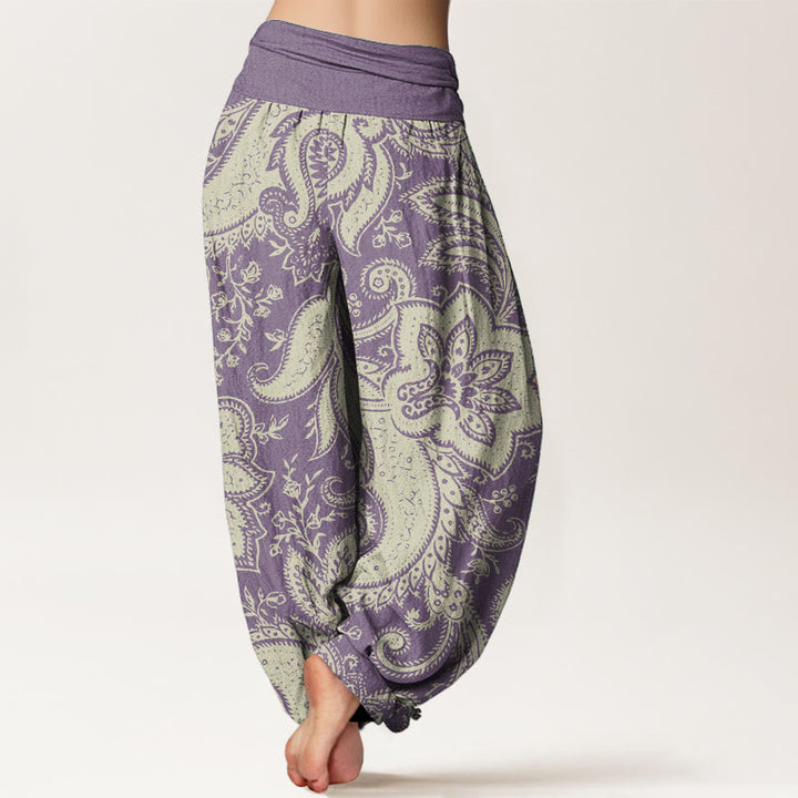 Pantaloni harem da donna con elastico in vita, in puro cotone, con fiori e motivi Paisley, motivo Buddha Stones