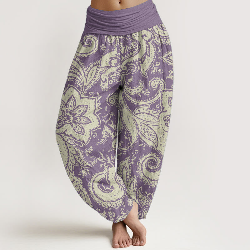 Pantaloni harem da donna con elastico in vita, in puro cotone, con fiori e motivi Paisley, motivo Buddha Stones