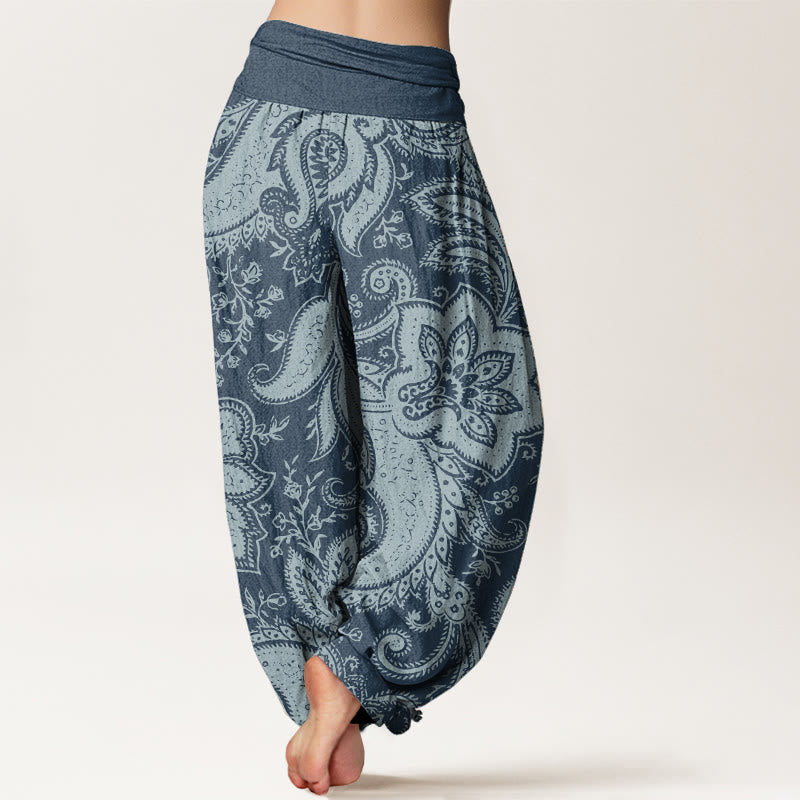Pantaloni harem da donna con elastico in vita, in puro cotone, con fiori e motivi Paisley, motivo Buddha Stones