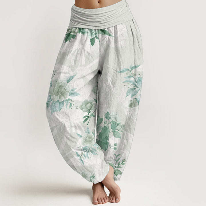 Pantaloni harem da donna con elastico in vita, in puro cotone, con fiori e foglie bianche, motivo Buddha Stones