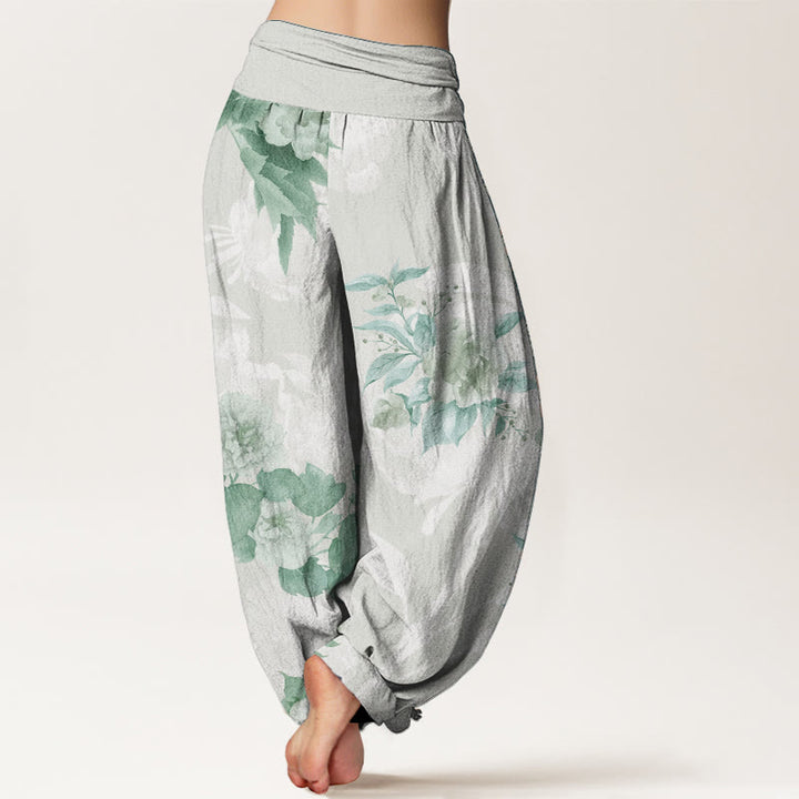 Pantaloni harem da donna con elastico in vita, in puro cotone, con fiori e foglie bianche, motivo Buddha Stones - image 6