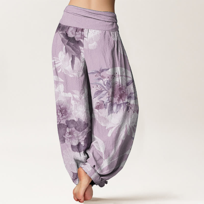 Pantaloni harem da donna con elastico in vita, in puro cotone, con fiori e foglie bianche, motivo Buddha Stones
