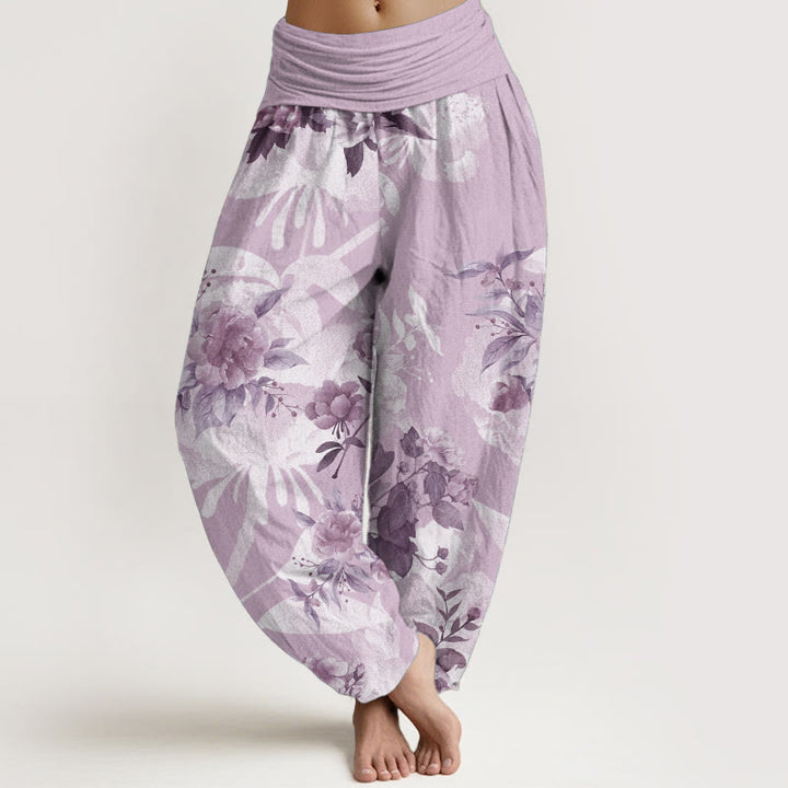 Pantaloni harem da donna con elastico in vita, in puro cotone, con fiori e foglie bianche, motivo Buddha Stones