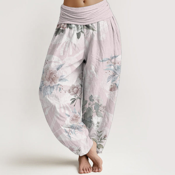 Pantaloni harem da donna con elastico in vita, in puro cotone, con fiori e foglie bianche, motivo Buddha Stones