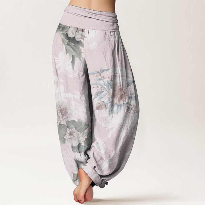 Pantaloni harem da donna con elastico in vita, in puro cotone, con fiori e foglie bianche, motivo Buddha Stones