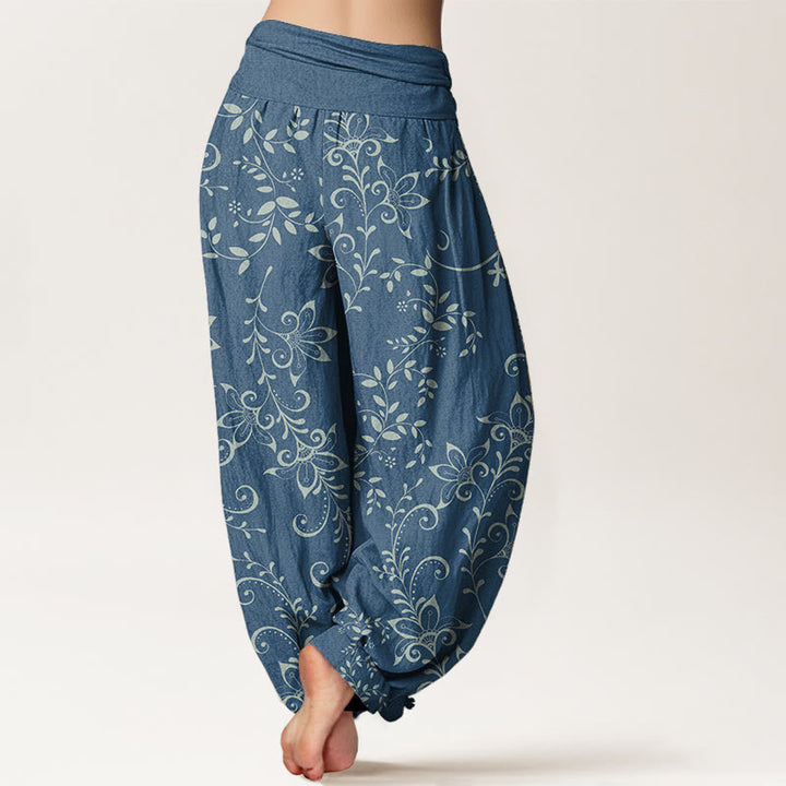 Pantaloni harem da donna con elastico in vita, in puro cotone, con motivo a fiori casual e motivo a vite, motivo Buddha Stones