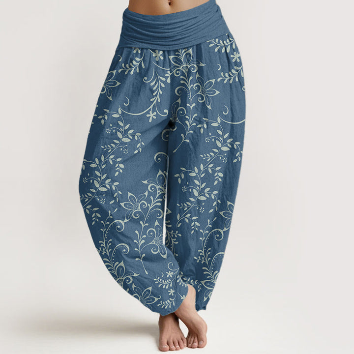 Pantaloni harem da donna con elastico in vita, in puro cotone, con motivo a fiori casual e motivo a vite, motivo Buddha Stones