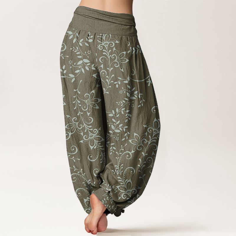Pantaloni harem da donna con elastico in vita, in puro cotone, con motivo a fiori casual e motivo a vite, motivo Buddha Stones