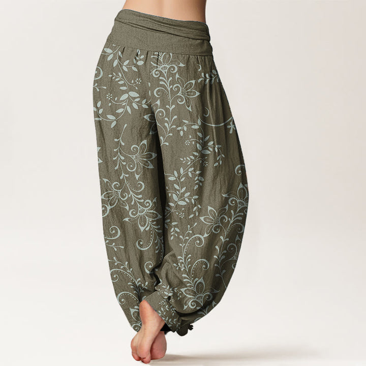 Pantaloni harem da donna con elastico in vita, in puro cotone, con motivo a fiori casual e motivo a vite, motivo Buddha Stones