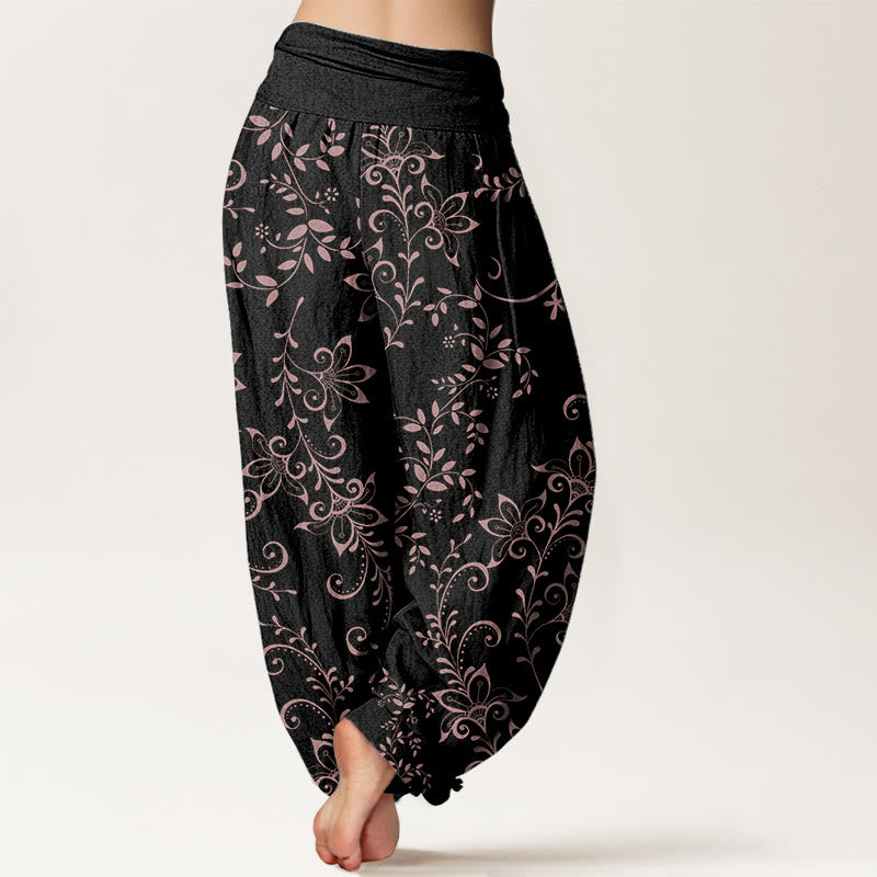 Pantaloni harem da donna con elastico in vita, in puro cotone, con motivo a fiori casual e motivo a vite, motivo Buddha Stones