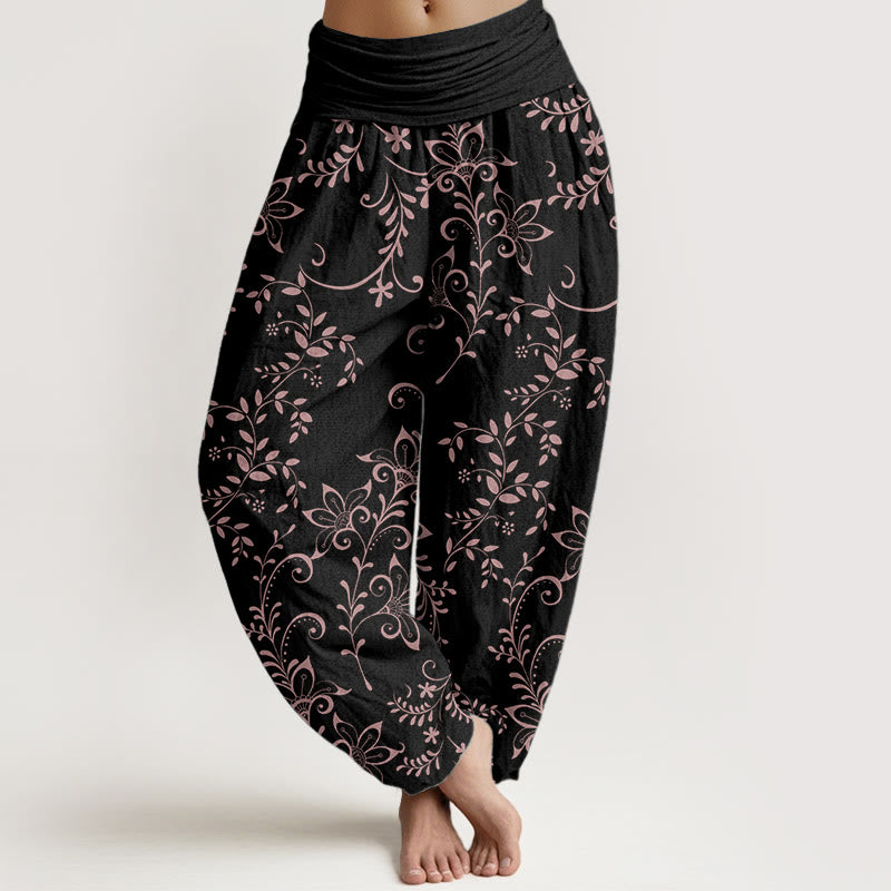 Pantaloni harem da donna con elastico in vita, in puro cotone, con motivo a fiori casual e motivo a vite, motivo Buddha Stones