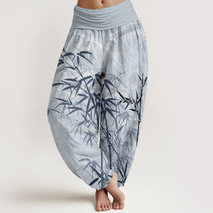 Pantaloni harem da donna in puro cotone con elastico in vita e foglie di bambù, stile casual, motivo Buddha Stones