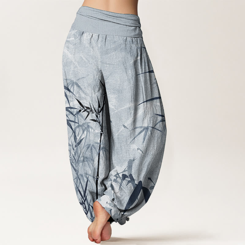 Pantaloni harem da donna in puro cotone con elastico in vita e foglie di bambù, stile casual, motivo Buddha Stones