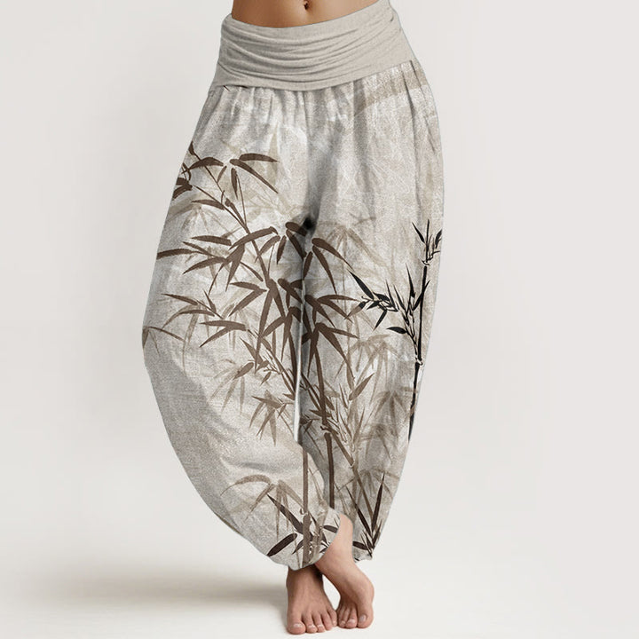 Pantaloni harem da donna in puro cotone con elastico in vita e foglie di bambù, stile casual, motivo Buddha Stones