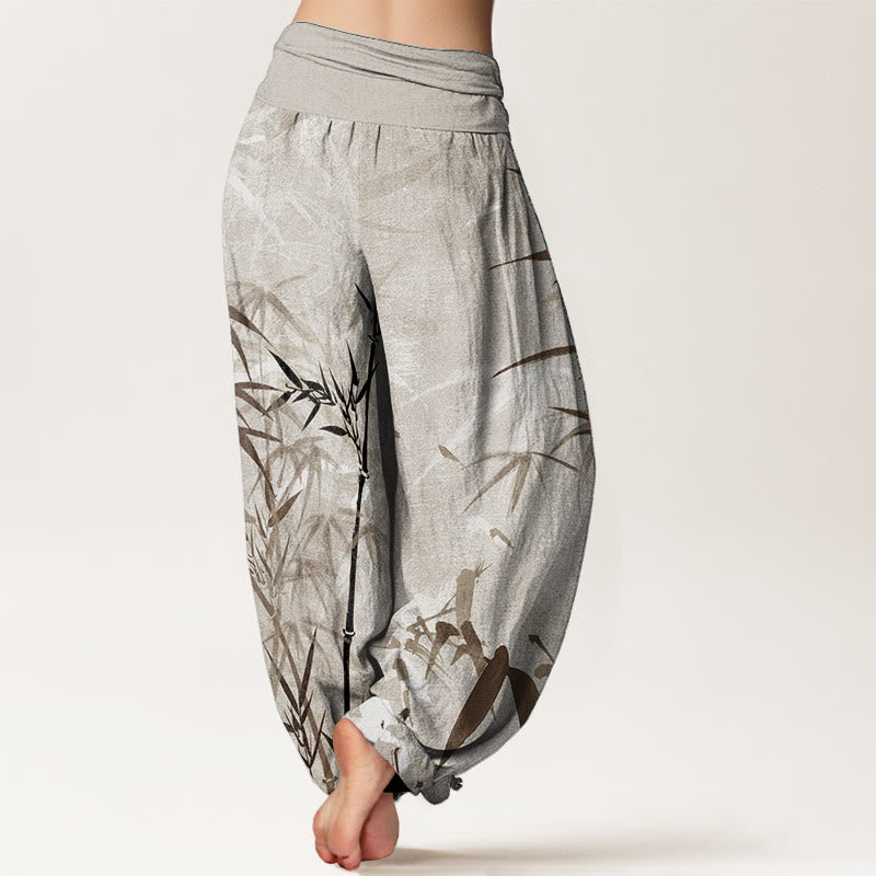 Pantaloni harem da donna in puro cotone con elastico in vita e foglie di bambù, stile casual, motivo Buddha Stones
