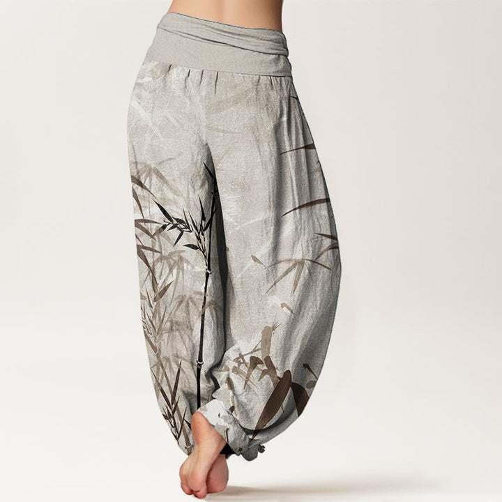 Pantaloni harem da donna in puro cotone con elastico in vita e foglie di bambù, stile casual, motivo Buddha Stones
