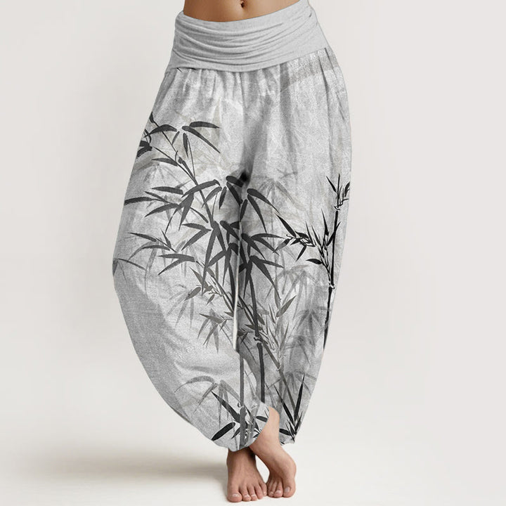 Pantaloni harem da donna in puro cotone con elastico in vita e foglie di bambù, stile casual, motivo Buddha Stones