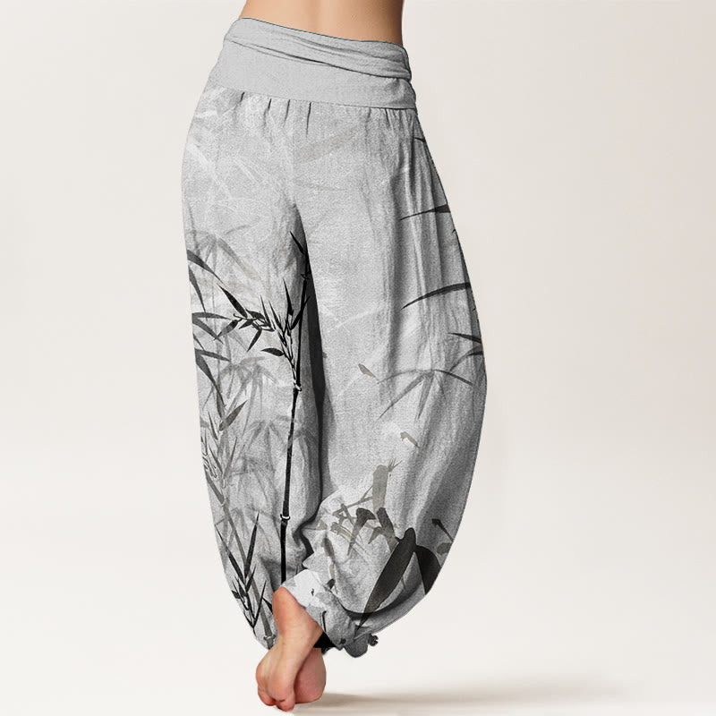 Pantaloni harem da donna in puro cotone con elastico in vita e foglie di bambù, stile casual, motivo Buddha Stones