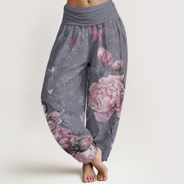 Pantaloni harem da donna con elastico in vita, in puro cotone, casual, con motivo a peonie e farfalle, modello Buddha Stones