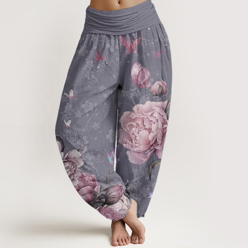 Pantaloni harem da donna con elastico in vita, in puro cotone, casual, con motivo a peonie e farfalle, modello Buddha Stones - Viola medio - US22, UK/AU26, EU54 (6XL) - image 0
