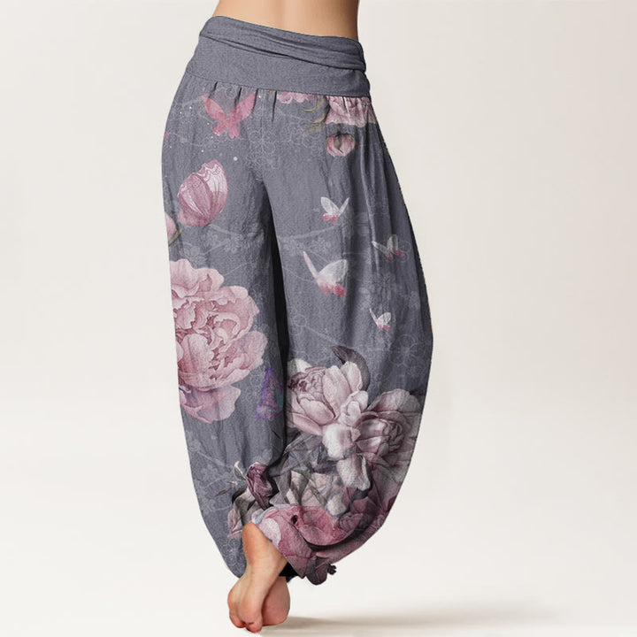 Pantaloni harem da donna con elastico in vita, in puro cotone, casual, con motivo a peonie e farfalle, modello Buddha Stones