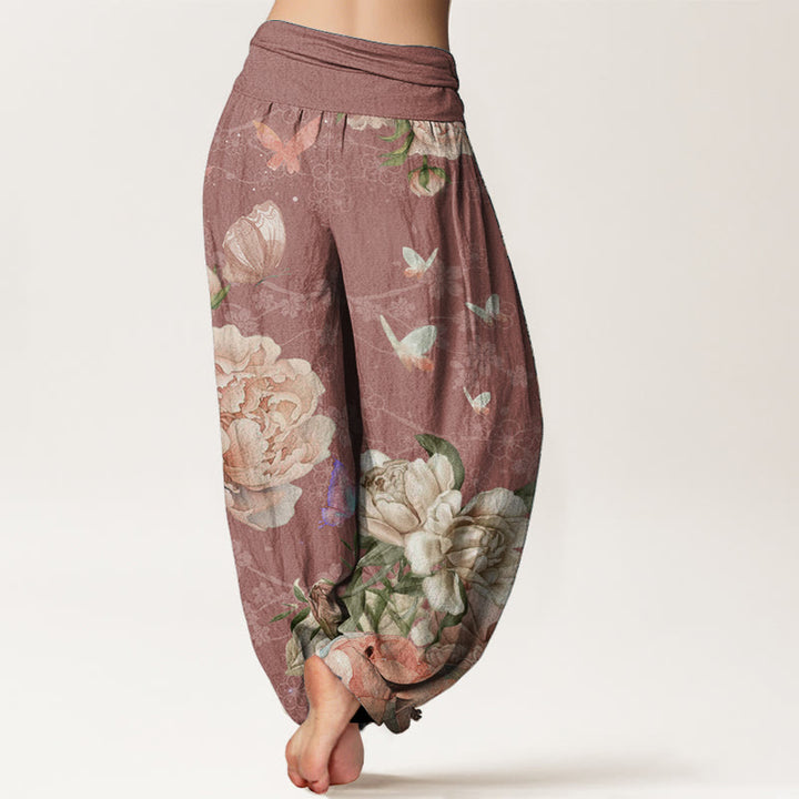 Pantaloni harem da donna con elastico in vita, in puro cotone, casual, con motivo a peonie e farfalle, modello Buddha Stones