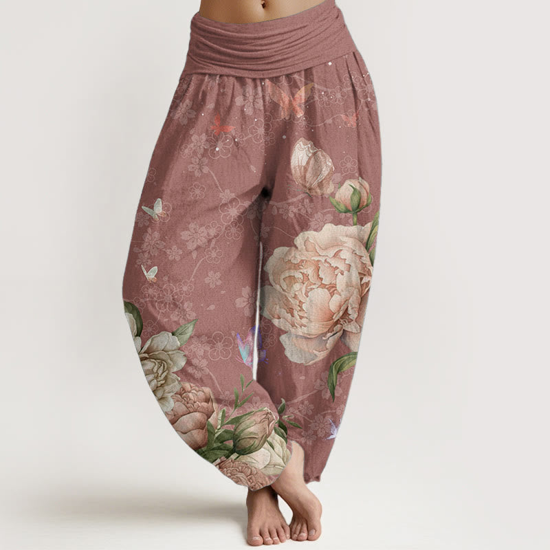 Pantaloni harem da donna con elastico in vita, in puro cotone, casual, con motivo a peonie e farfalle, modello Buddha Stones