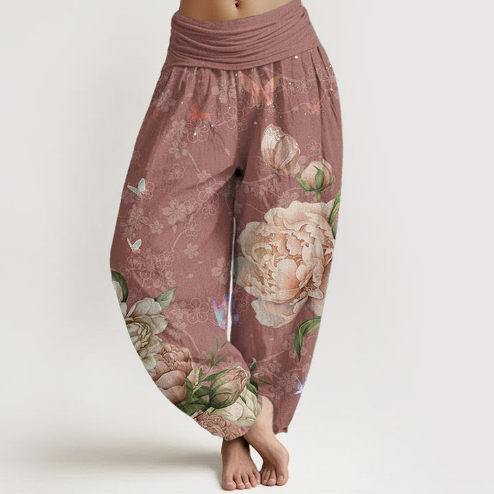 Pantaloni harem da donna con elastico in vita, in puro cotone, casual, con motivo a peonie e farfalle, modello Buddha Stones