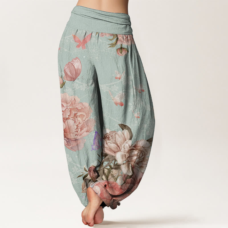 Pantaloni harem da donna con elastico in vita, in puro cotone, casual, con motivo a peonie e farfalle, modello Buddha Stones